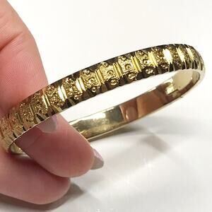 Vintage Ornate Engraved Square Motif Pattern 18k Gold Plate Bangle Bracelet